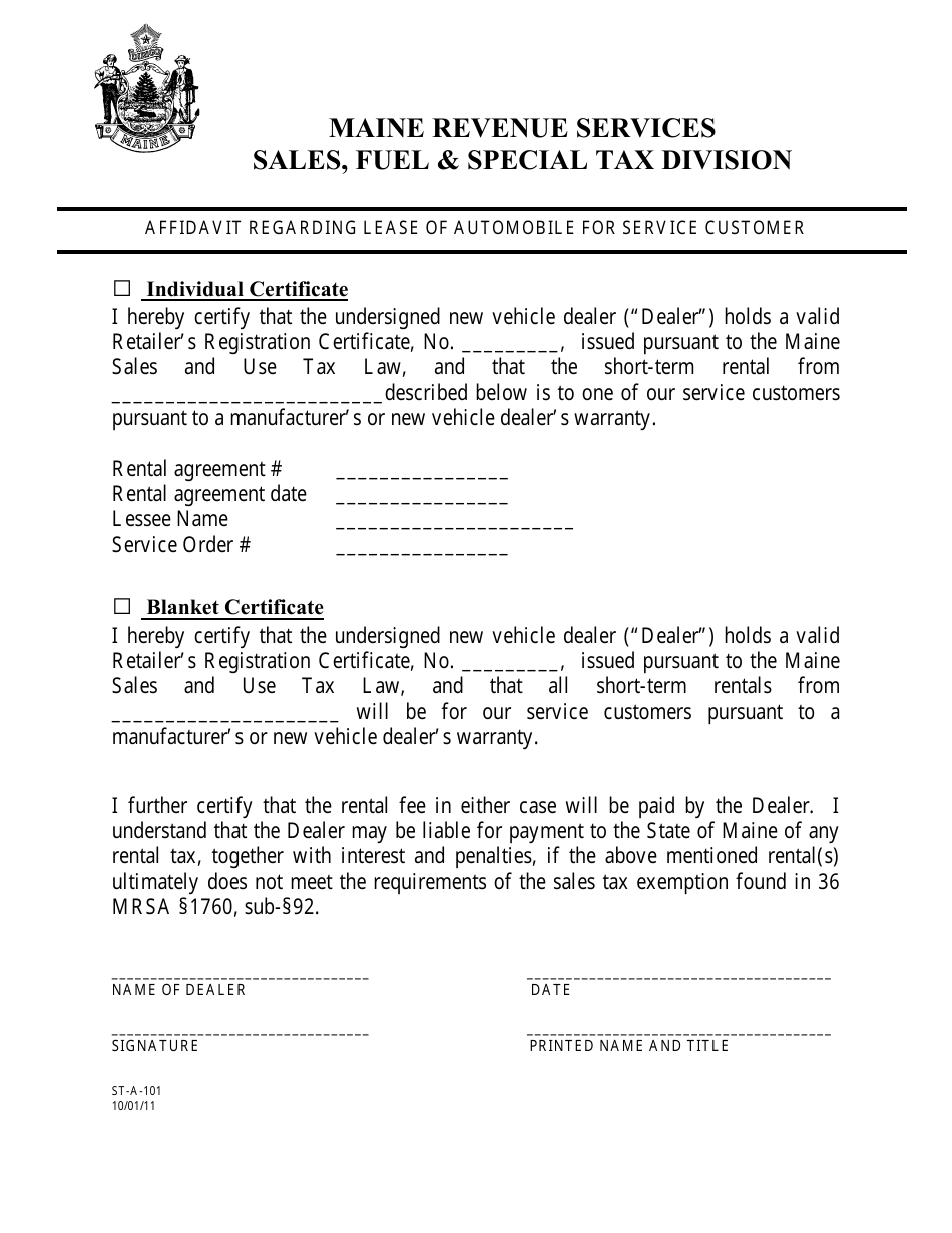 Form ST-A-101 Affidavit Regarding Lease of Automobile for Service Customer - Maine, Page 1