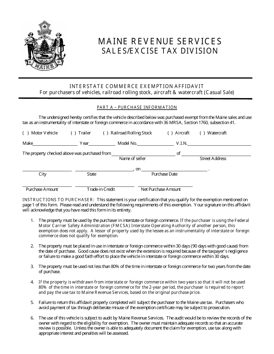 Form ST-A-110 Interstate Commerce Exemption Affidavit - Casual Sale - Maine, Page 1