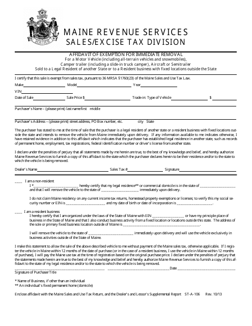 Form ST-A-106 Affidavit of Exemption for Immediate Removal - Maine