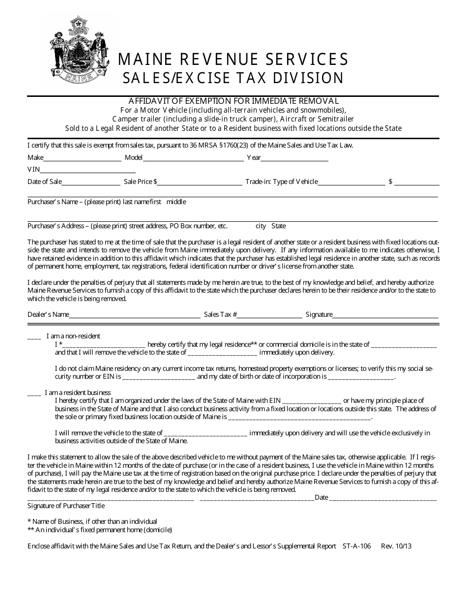 Form ST-A-106 Affidavit of Exemption for Immediate Removal - Maine, Page 1
