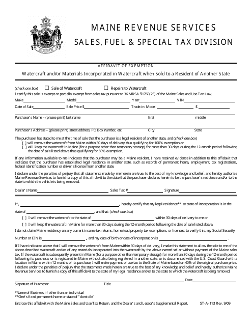 Form ST-A-113 Affidavit of Exemption - Watercraft - Maine
