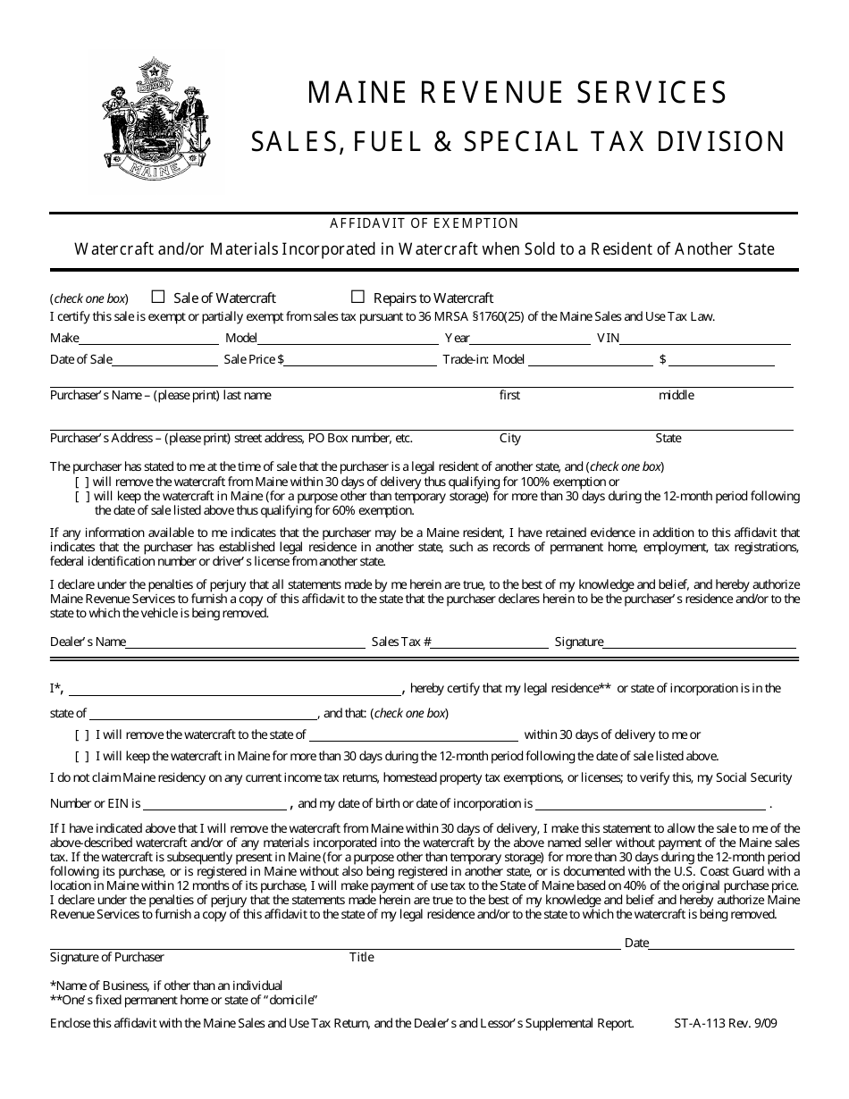 Form ST-A-113 Affidavit of Exemption - Watercraft - Maine, Page 1