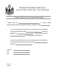Document preview: Form ST-A-121 Affidavit of Sales Tax Paid on Manufactured Housing - Maine