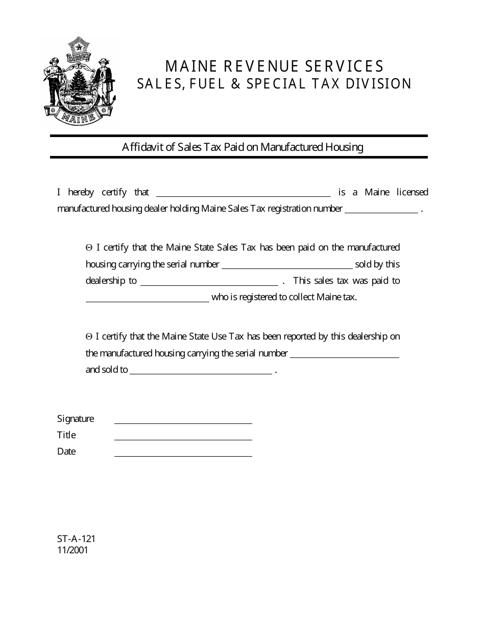 Form ST-A-121 Affidavit of Sales Tax Paid on Manufactured Housing - Maine, Page 1