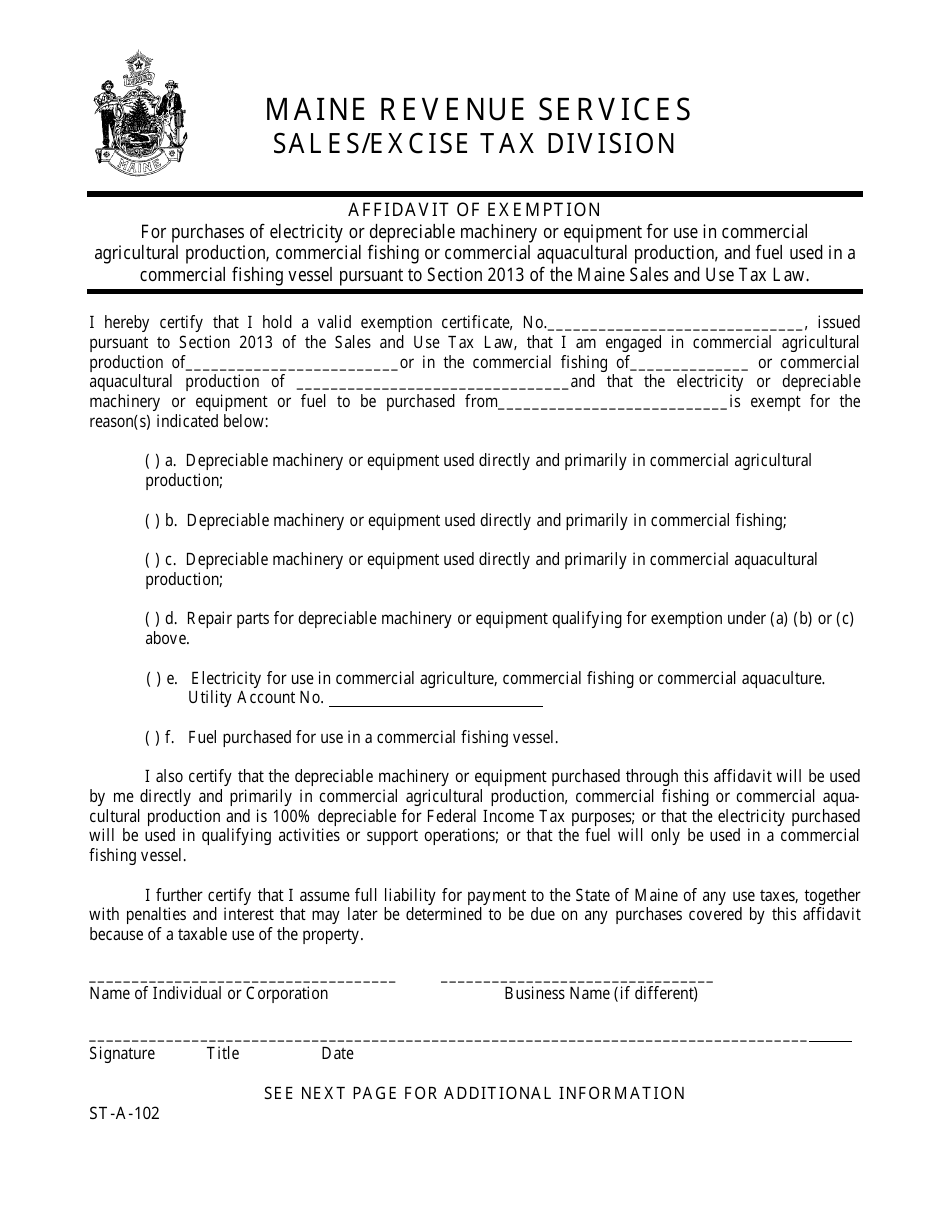 Form ST-A-102 Affidavit of Exemption - Maine, Page 1