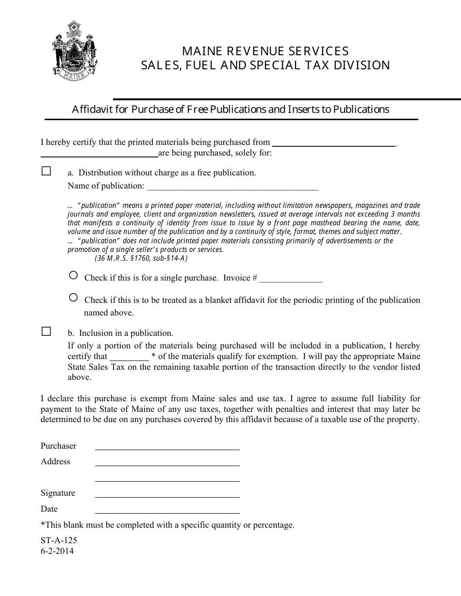Form ST-A-125 Affidavit for Purchase of Free Publications and Inserts to Publications - Maine, Page 1