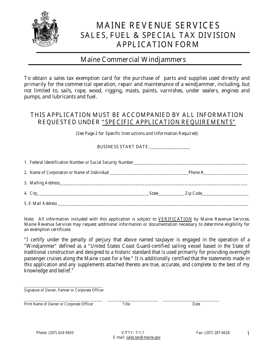 Form APP-152 Exemption Application for Maine Commercial Windjammers - Maine, Page 1