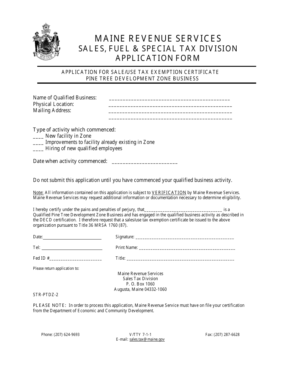 Form STR-PTDZ-2 Application for Sale / Use Tax Exemption Certificate - Pine Tree Development Zone Business - Maine, Page 1
