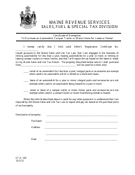 Form ST-A-109 &quot;Certificate of Exemption to Purchase an Automobile, Camper Trailer or Motor Home for Lease or Rental&quot; - Maine