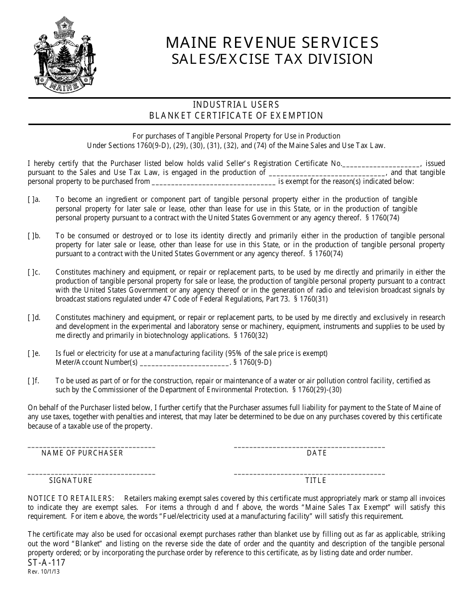 Form ST-A-117 Industrial Users Blanket Certificate of Exemption - Maine, Page 1