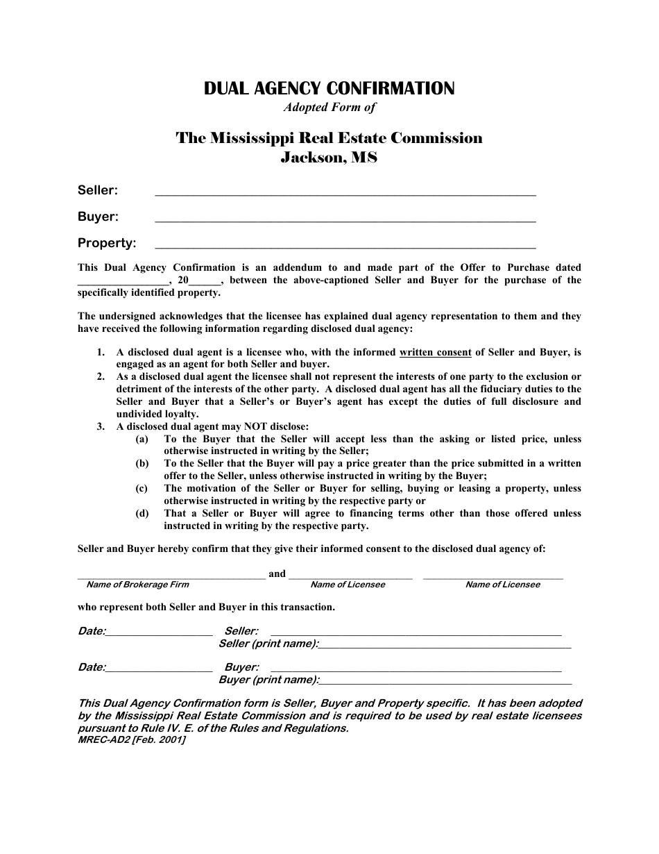 Form MREC-AD2 Dual Agency Confirmation - Mississippi, Page 1