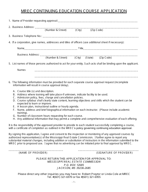 Mrec Continuing Education Course Application Form - Mississippi Download Pdf