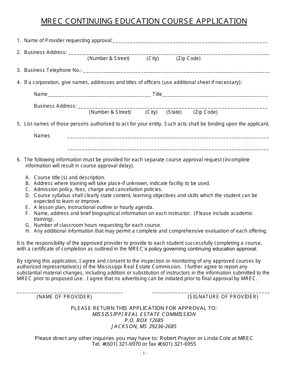 Mrec Continuing Education Course Application Form - Mississippi, Page 1