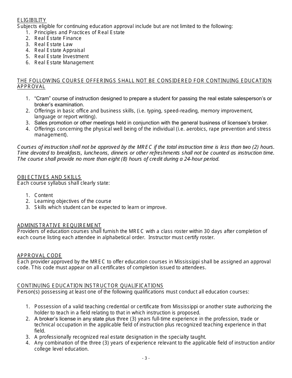 Mrec Continuing Education Course Application Form - Mississippi, Page 3