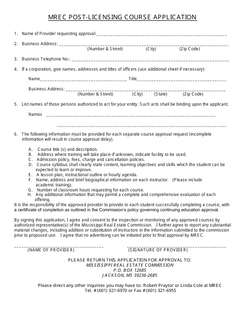 Mrec Post-licensing Course Application Form - Mississippi