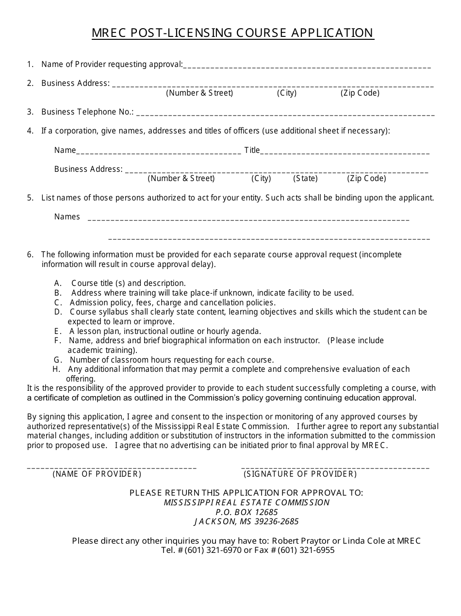 Mrec Post-licensing Course Application Form - Mississippi, Page 1