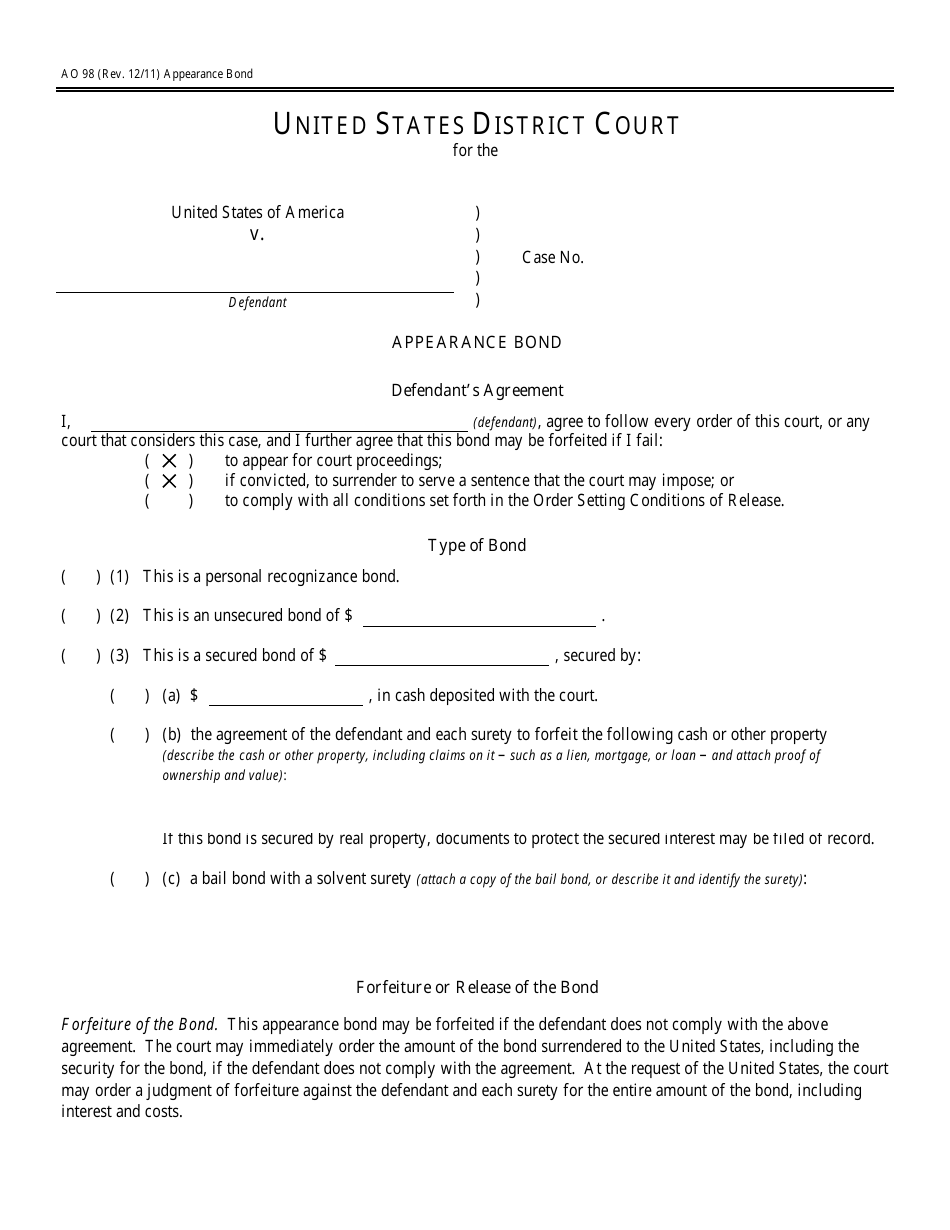 Form AO98 Appearance Bond, Page 1