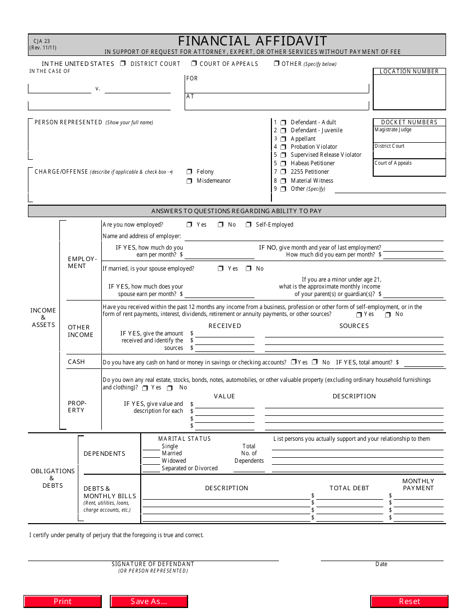Form CJA23 Financial Affidavit, Page 1