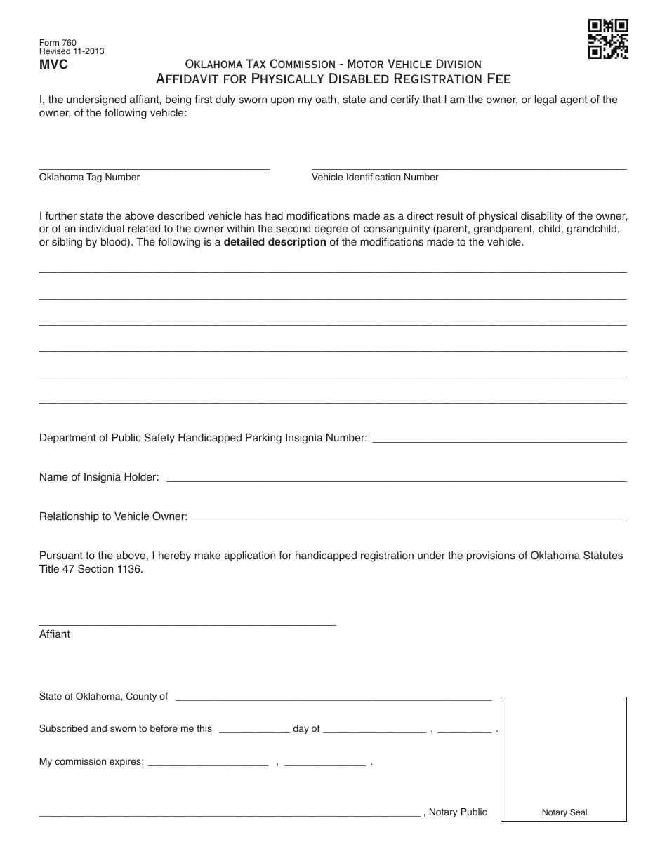 OTC Form 760 Affidavit for Physically Disabled Registration Fee - Oklahoma, Page 1