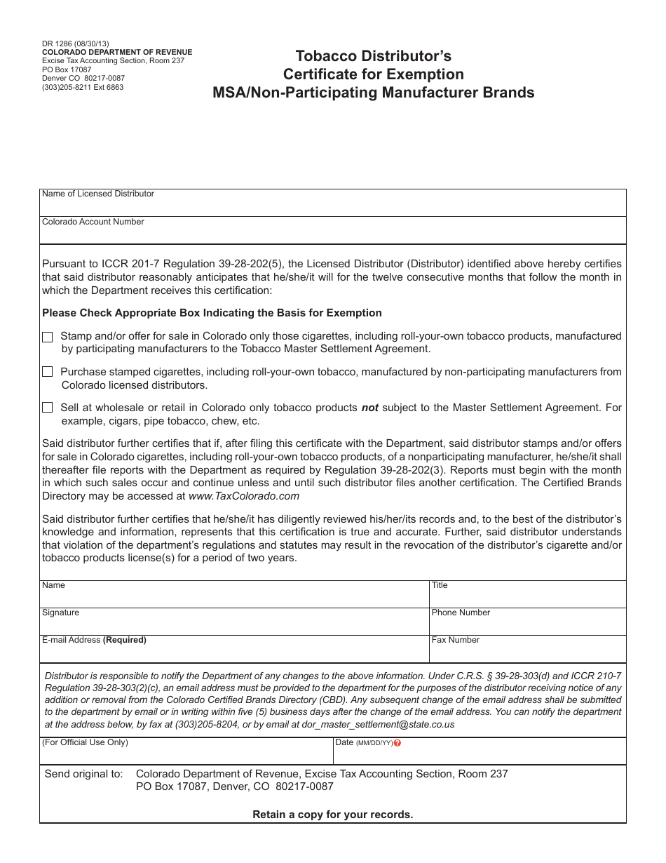 Form DR1286 Tobacco Distributors Certificate for Exemption - Msa / Non-participating Manufacturer Brands - Colorado, Page 1