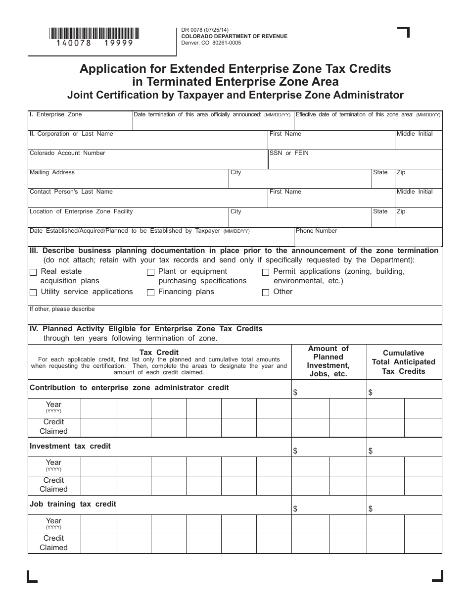Form DR0078 Application for Extended Enterprise Zone Tax Credits in Terminated Enterprise Zone Area - Joint Certification by Taxpayer and Enterprise Zone Administrator - Colorado, Page 1