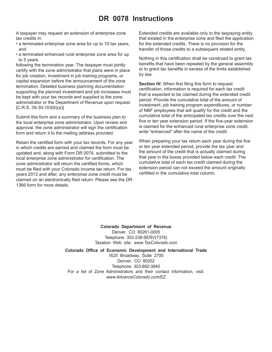 Form DR0078 Application for Extended Enterprise Zone Tax Credits in Terminated Enterprise Zone Area - Joint Certification by Taxpayer and Enterprise Zone Administrator - Colorado, Page 3