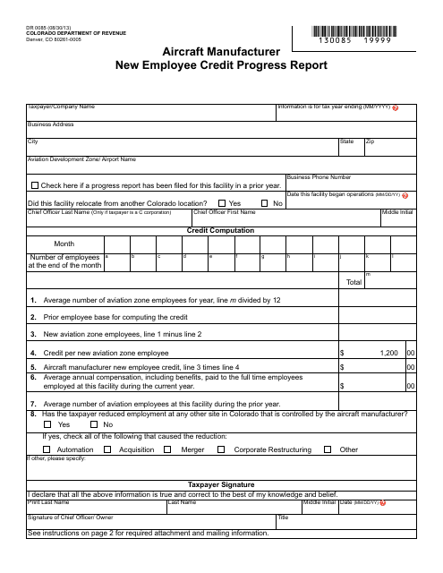 Form DR0085 Aircraft Manufacturer New Employee Credit Progress Report - Colorado