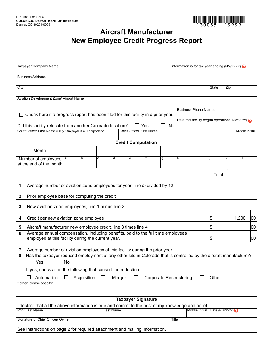 Form DR0085 Download Fillable PDF or Fill Online Aircraft Manufacturer