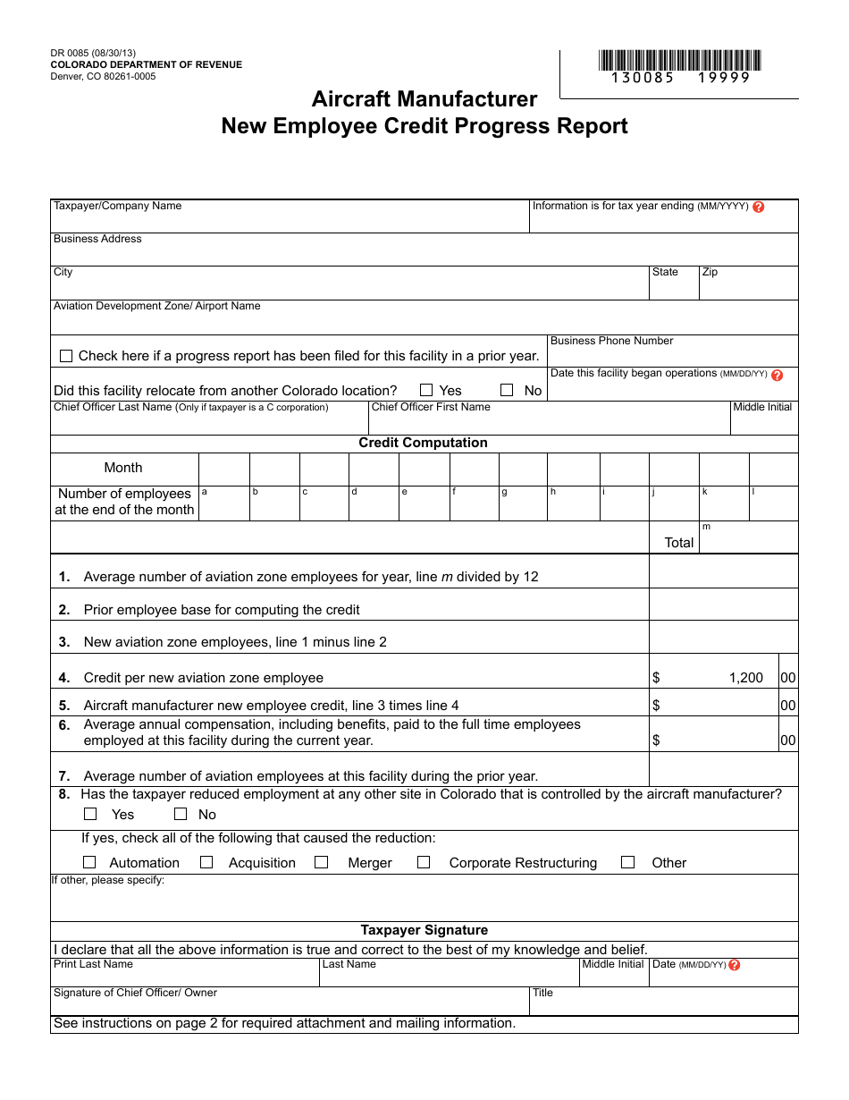 Form DR0085 Aircraft Manufacturer New Employee Credit Progress Report - Colorado, Page 1