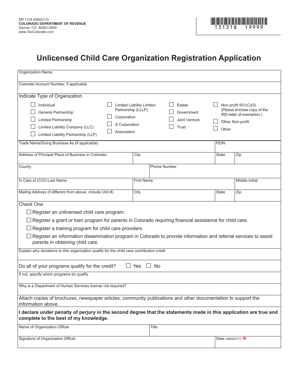 Form DR1318 Unlicensed Child Care Organization Registration Application - Colorado, Page 1