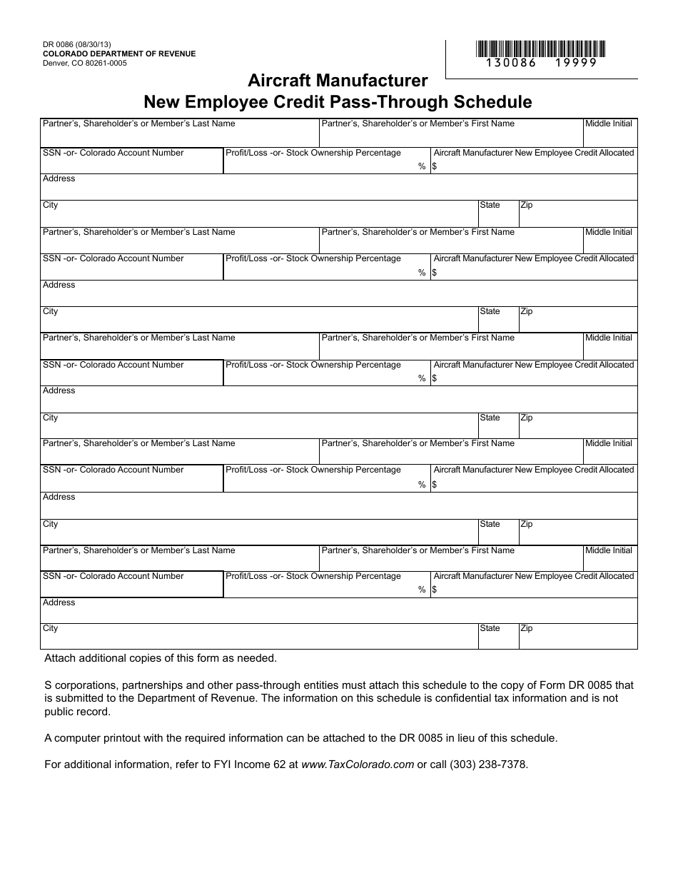 Form DR0086 Aircraft Manufacturer New Employee Credit Pass-Through Schedule - Colorado, Page 1