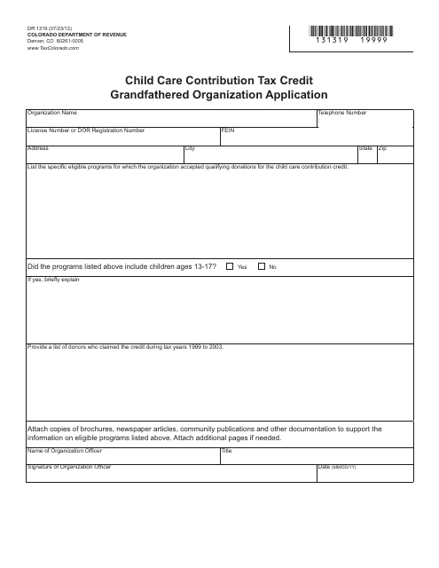 Form DR1319 Child Care Contribution Tax Credit Grandfathered Organization Application - Colorado