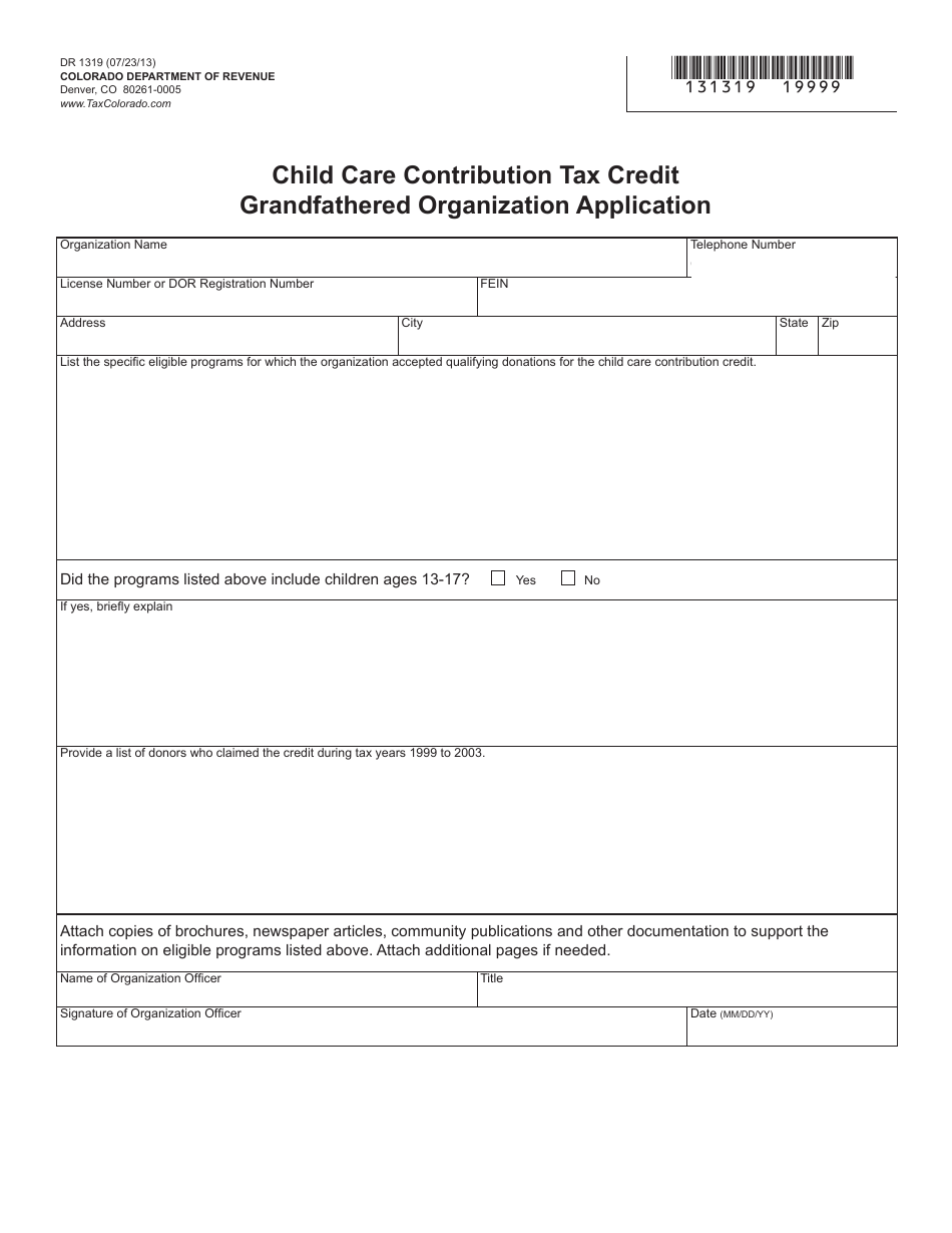 Form DR1319 Child Care Contribution Tax Credit Grandfathered Organization Application - Colorado, Page 1