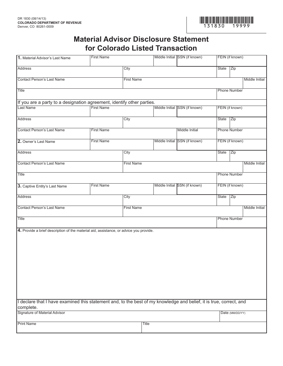 Form DR1830 Material Advisor Disclosure Statement for Colorado Listed Transaction - Colorado, Page 1