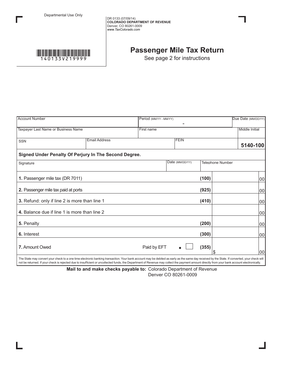 Form DR0133 Passenger Mile Tax Return - Colorado, Page 1