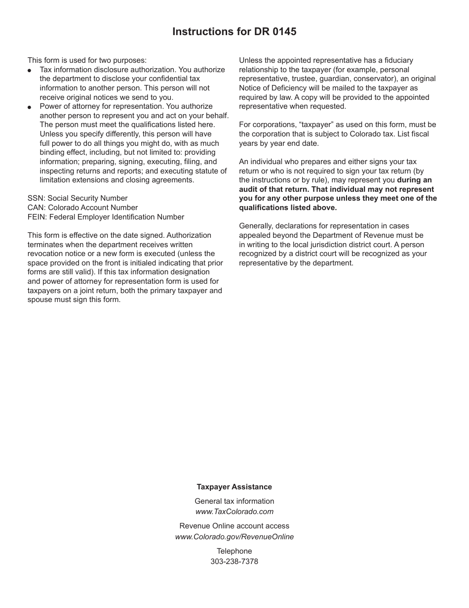 Form DR0145 Tax Information Designation and Power of Attorney for Representation - Colorado, Page 3