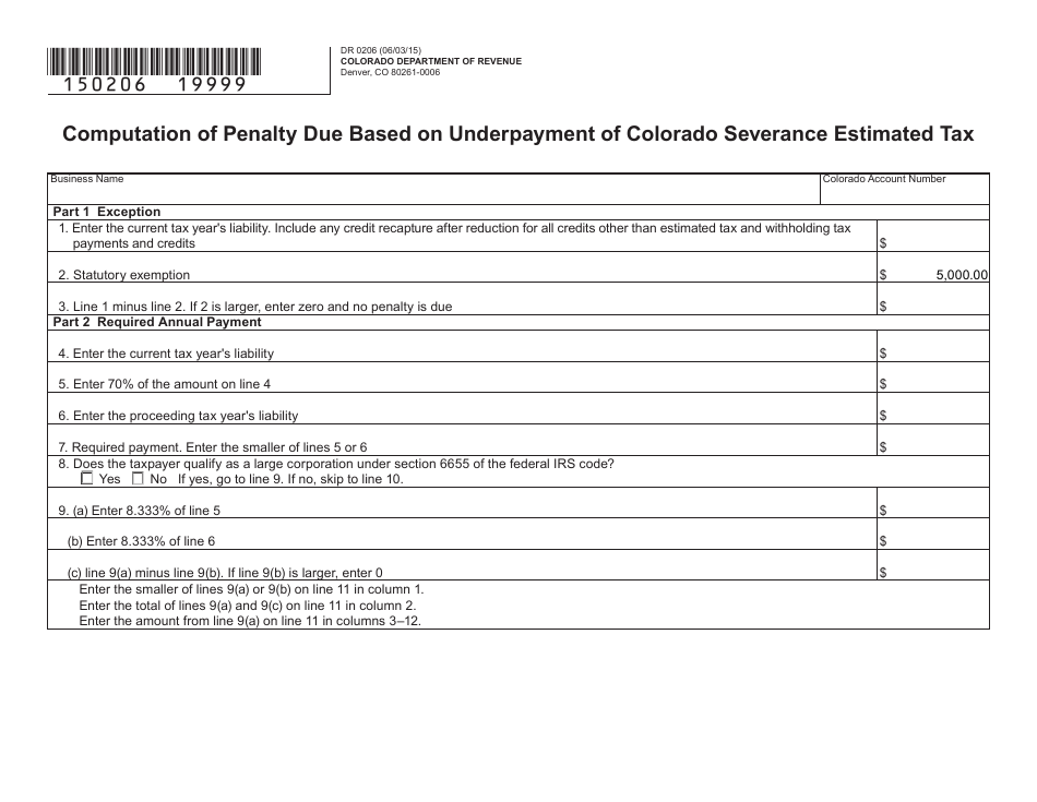 Form DR0206 Computation of Penalty Due Based on Underpayment of Colorado Severance Estimated Tax - Colorado, Page 1