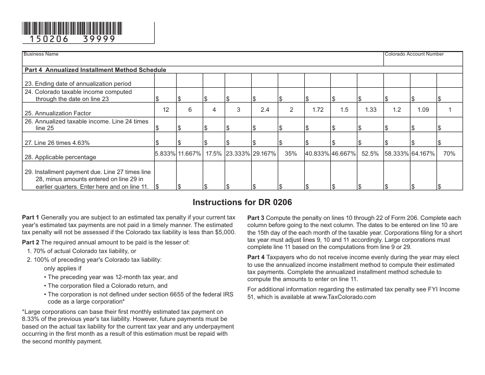 Form DR0206 Computation of Penalty Due Based on Underpayment of Colorado Severance Estimated Tax - Colorado, Page 3