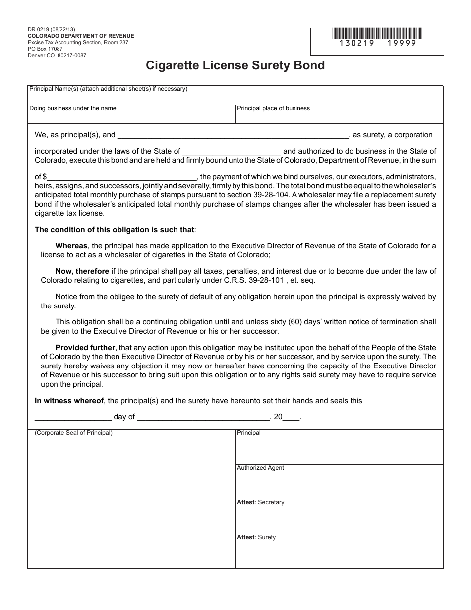 Form DR0219 Cigarette License Surety Bond - Colorado, Page 1