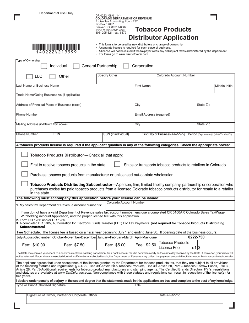 Form DR0222 Tobacco Products Distributor Application - Colorado, Page 1
