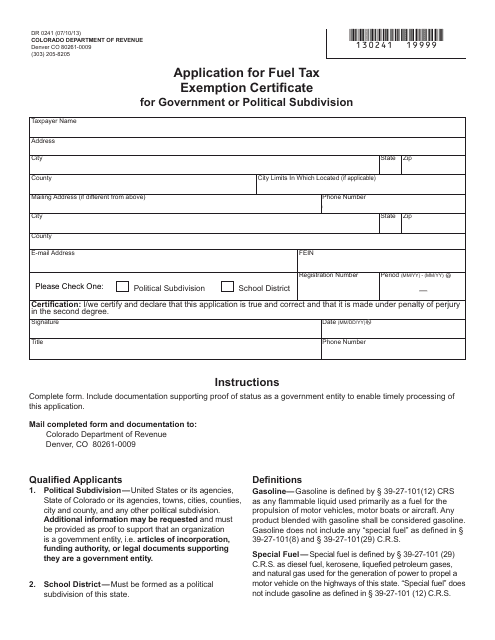Form DR0241 Application for Fuel Tax Exemption Certificate for Government or Political Subdivision - Colorado