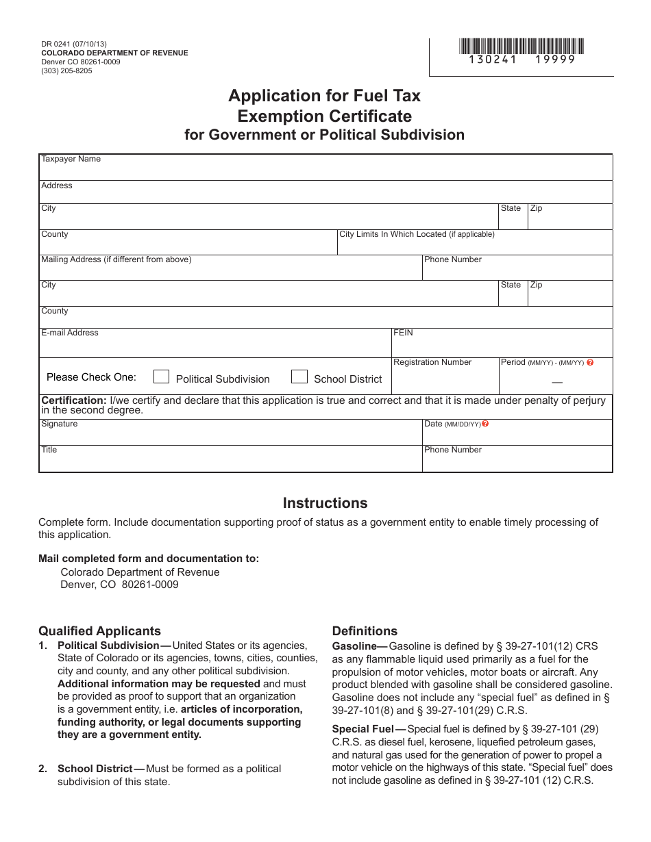 Form DR0241 Application for Fuel Tax Exemption Certificate for Government or Political Subdivision - Colorado, Page 1