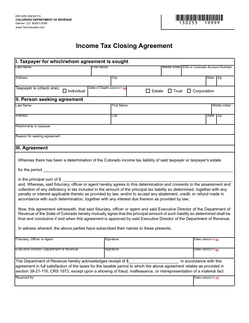 Form DR0253 Income Tax Closing Agreement - Colorado