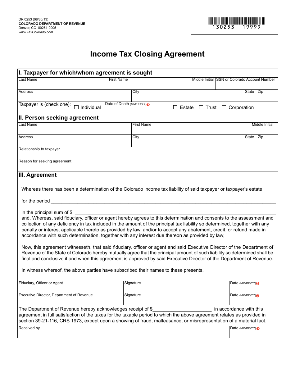 Form DR0253 Income Tax Closing Agreement - Colorado, Page 1