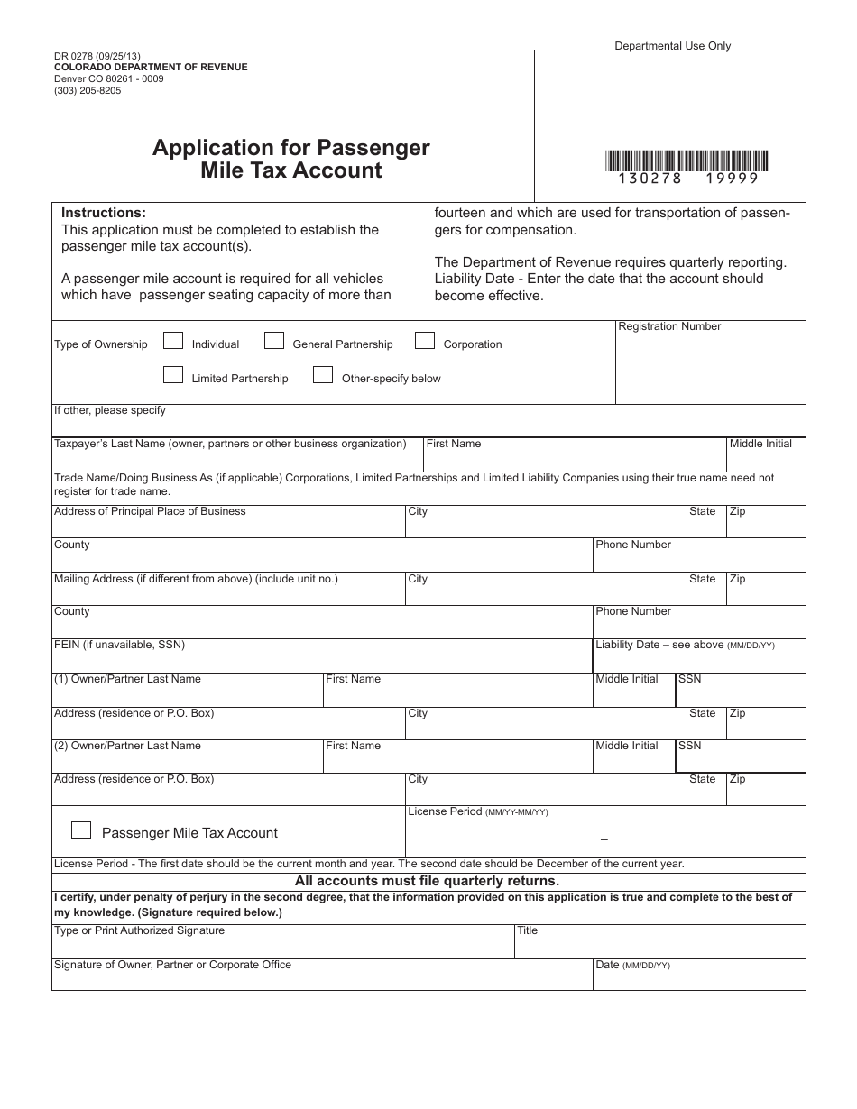 Form DR0278 Application for Passenger Mile Tax Account - Colorado, Page 1