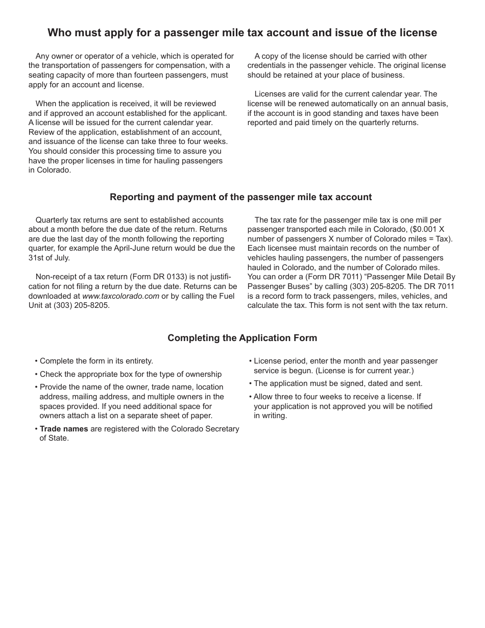 Form DR0278 Application for Passenger Mile Tax Account - Colorado, Page 2