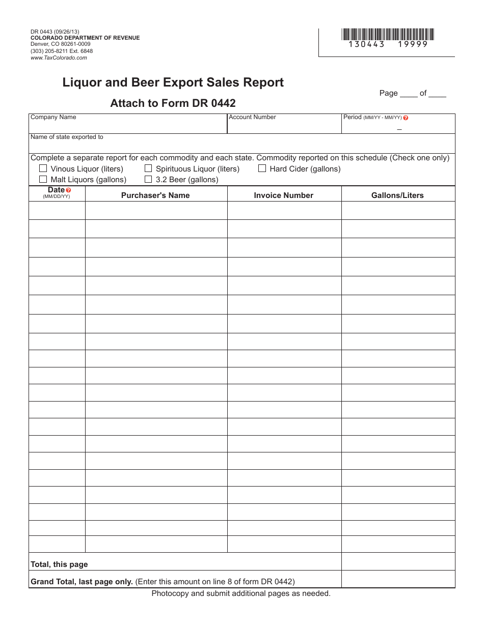 Form DR0443 Liquor and Beer Export Sales Report - Colorado, Page 1