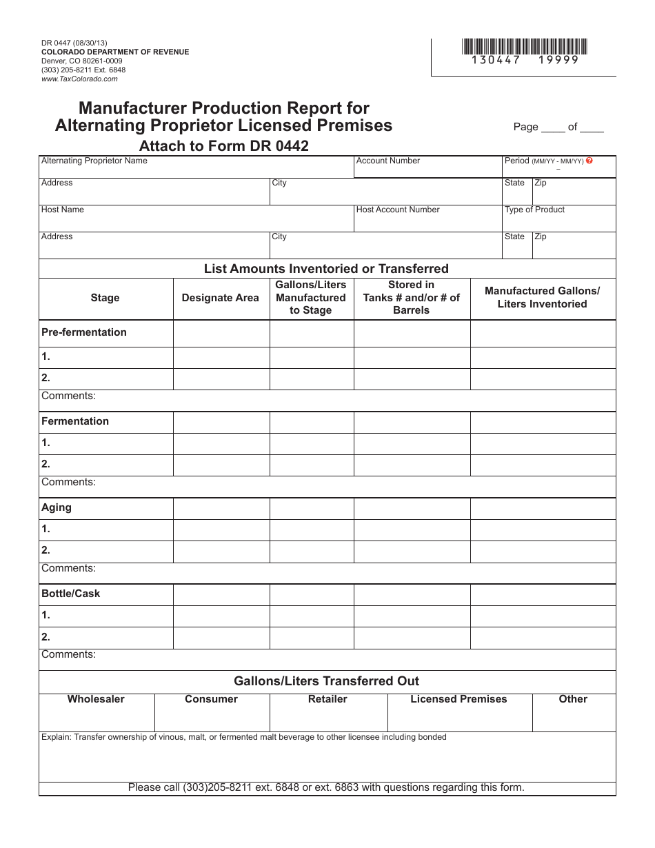 Form DR0447 Manufacturer Production Report for Alternating Proprietor Licensed Premises - Colorado, Page 1