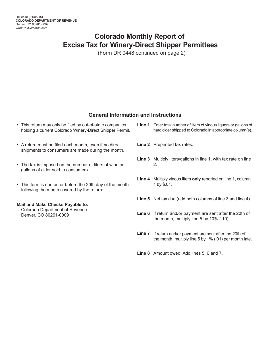 Form DR0448 Colorado Monthly Report of Excise Tax for Winery-Direct Shipper Permittees - Colorado, Page 1
