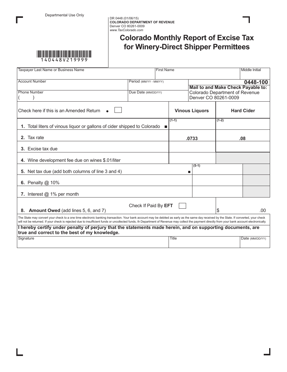 Form DR0448 Colorado Monthly Report of Excise Tax for Winery-Direct Shipper Permittees - Colorado, Page 2